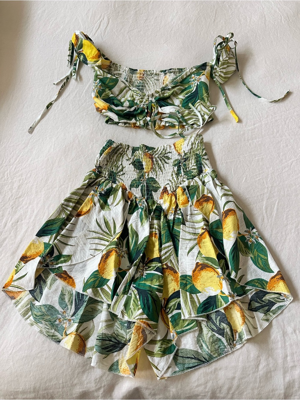 SHEIN Green White Yellow Smocked Top & Matching Flowy Shorts